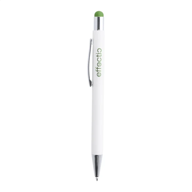 Zielony aluminiowy długopis touch pen z logo – firmowy gadżet z gumową końcówką