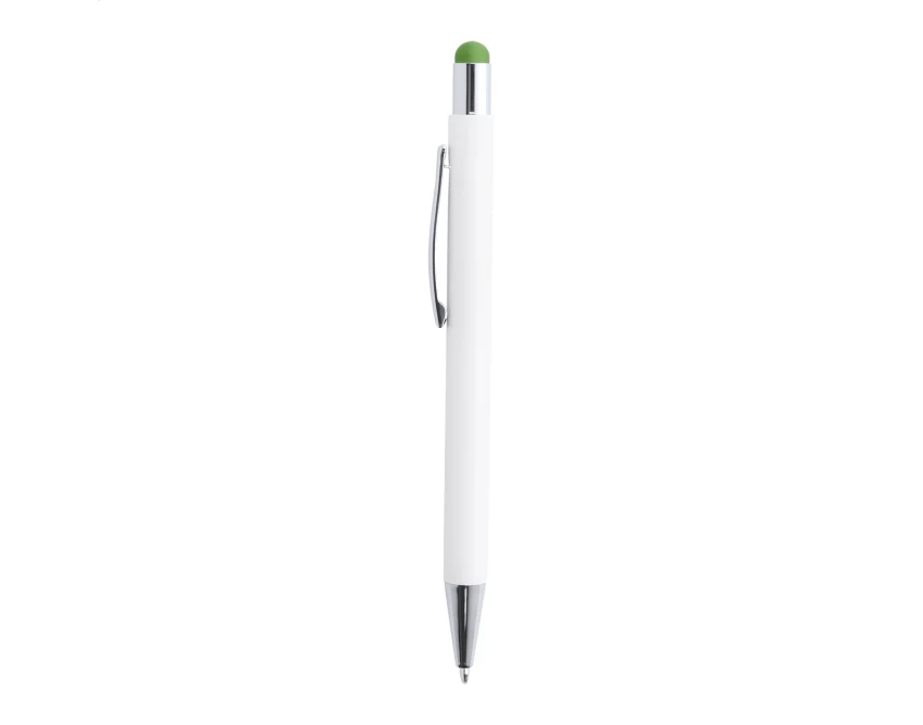 Zielony aluminiowy długopis touch pen z logo – firmowy gadżet z gumową końcówką