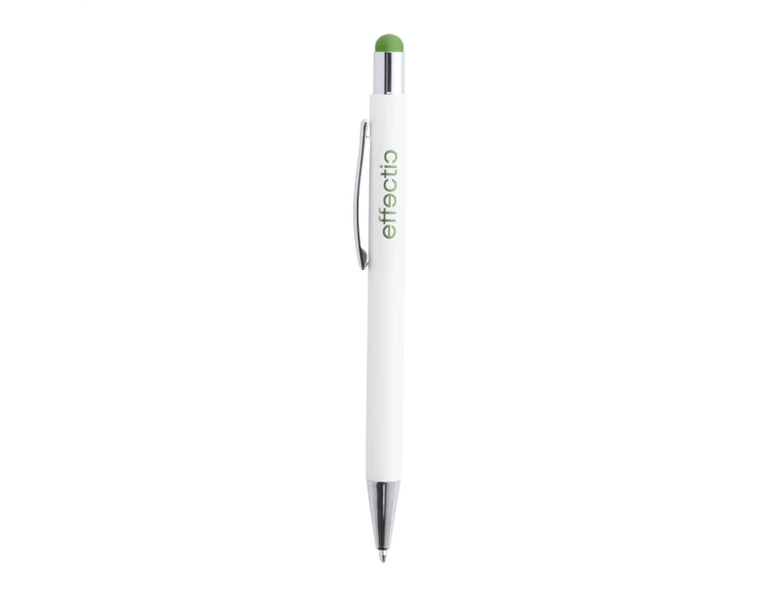 Zielony aluminiowy długopis touch pen z logo – firmowy gadżet z gumową końcówką