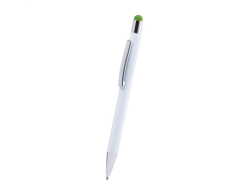 Zielony aluminiowy długopis touch pen z logo – firmowy gadżet z gumową końcówką