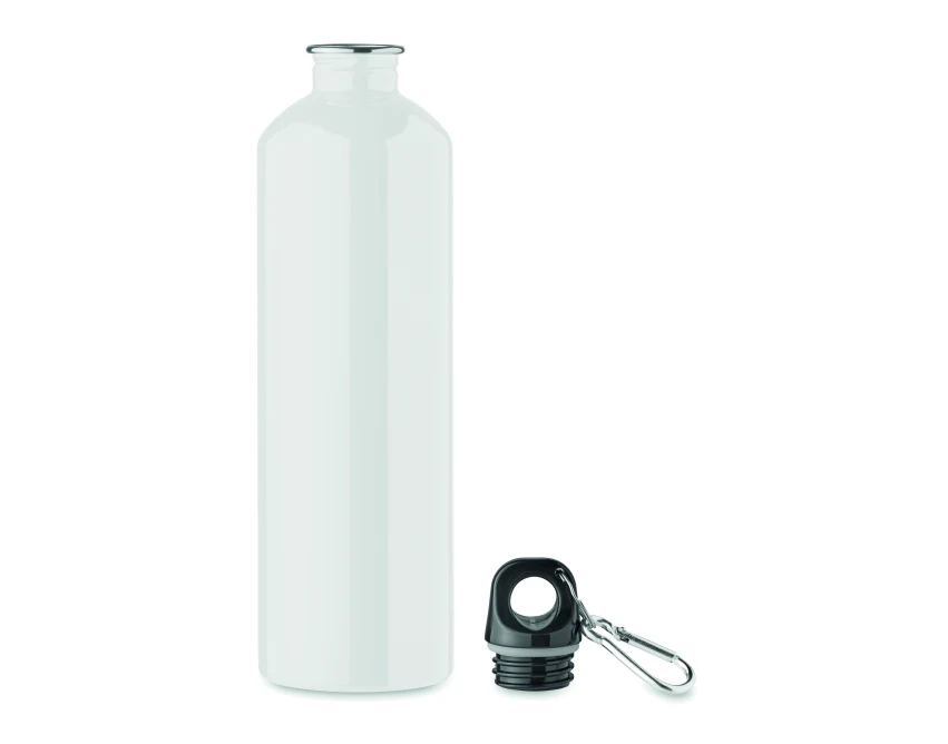 Biały bidon reklamowy 750 ml z recyklingu z karabińczykiem, nadruk logo – bidon z nadrukiem