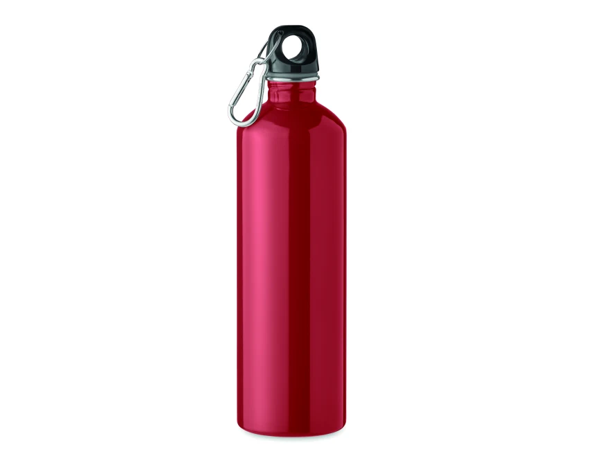Czerwony bidon stalowy 750ml z karabińczykiem, nadruk sublimacyjny logo firmy