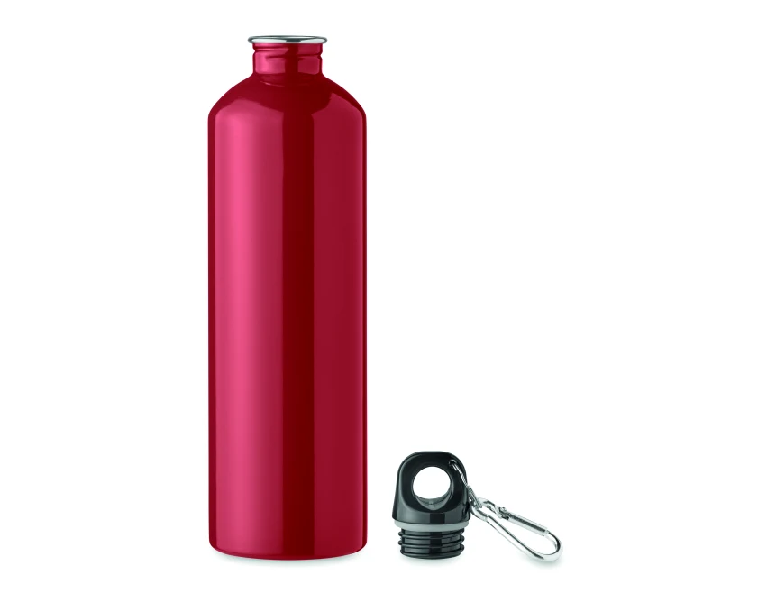 Czerwony bidon stalowy 750ml z karabińczykiem, nadruk sublimacyjny logo firmy