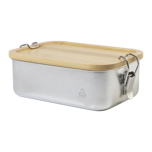 Srebrny lunchbox z logo 750 ml z bambusową pokrywką