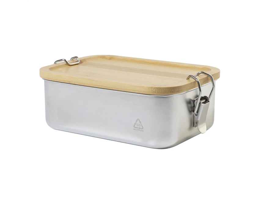 Srebrny lunchbox z logo 750 ml z bambusową pokrywką