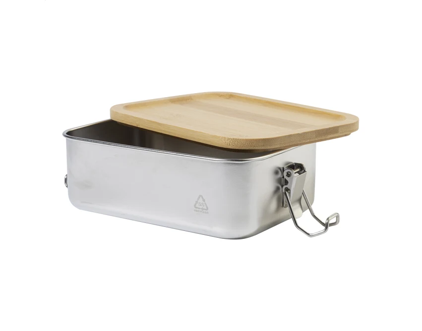 Srebrny lunchbox z logo 750 ml z bambusową pokrywką
