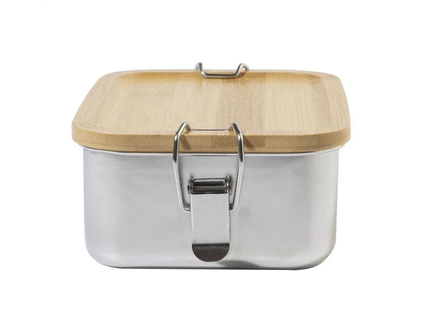 Srebrny lunchbox z logo 750 ml z bambusową pokrywką