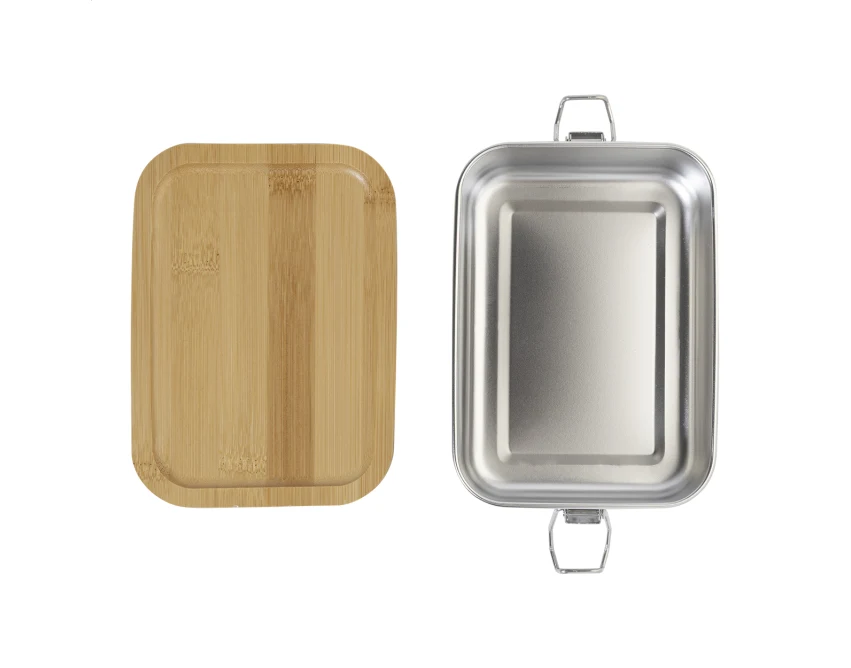 Srebrny lunchbox z logo 750 ml z bambusową pokrywką