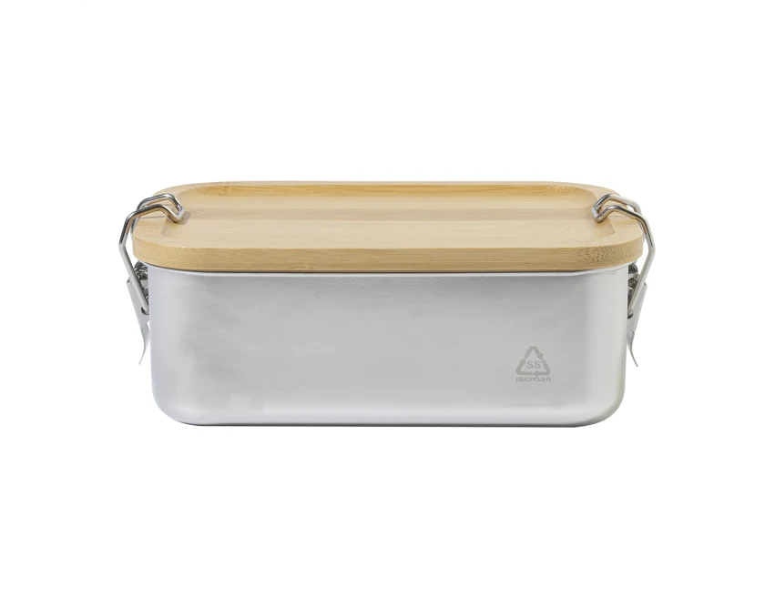 Srebrny lunchbox z logo 750 ml z bambusową pokrywką