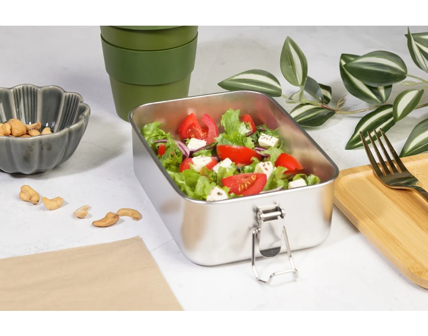 Srebrny lunchbox z logo 750 ml z bambusową pokrywką
