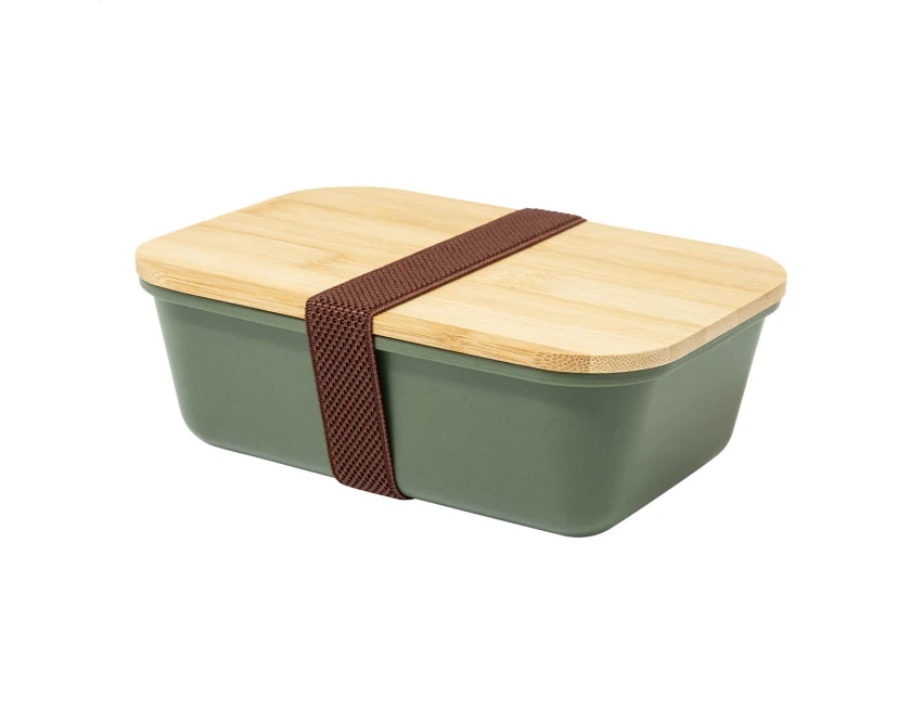 Zielony lunchbox z nadrukiem i bambusową pokrywką