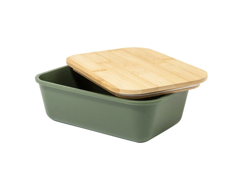 Zielony lunchbox z nadrukiem i bambusową pokrywką