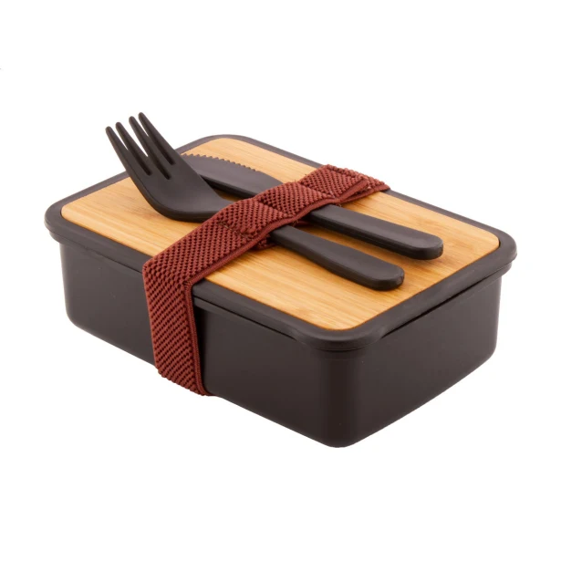 Rebento lunchbox z logo 500 ml, czarny ze sztućcami