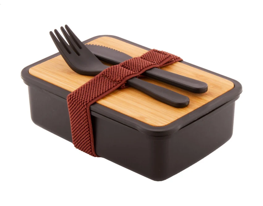Rebento lunchbox z logo 500 ml, czarny ze sztućcami