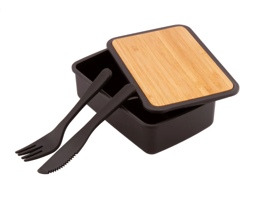 Rebento lunchbox z logo 500 ml, czarny ze sztućcami