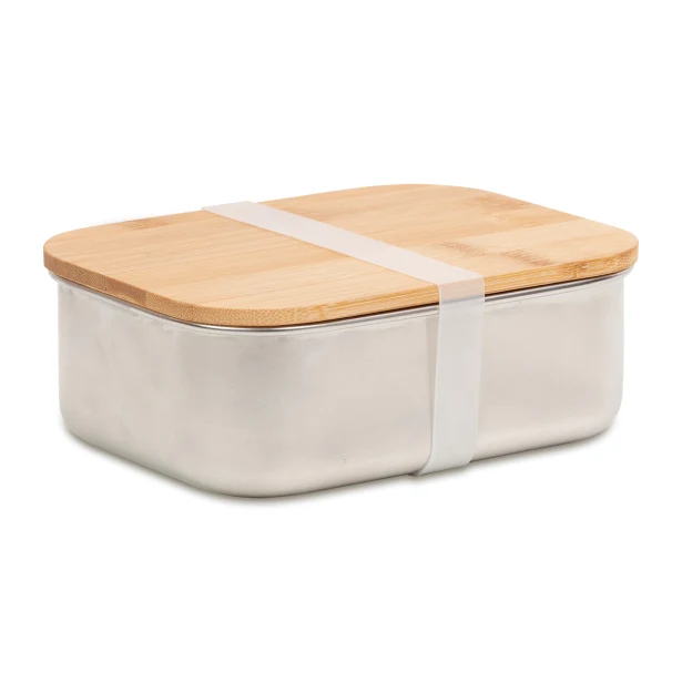 Lunchbox z logo 800 ml, srebrny, stal i bambus
