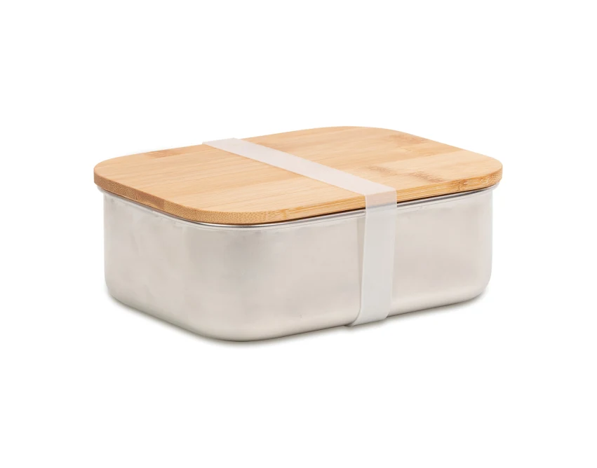 Lunchbox z logo 800 ml, srebrny, stal i bambus