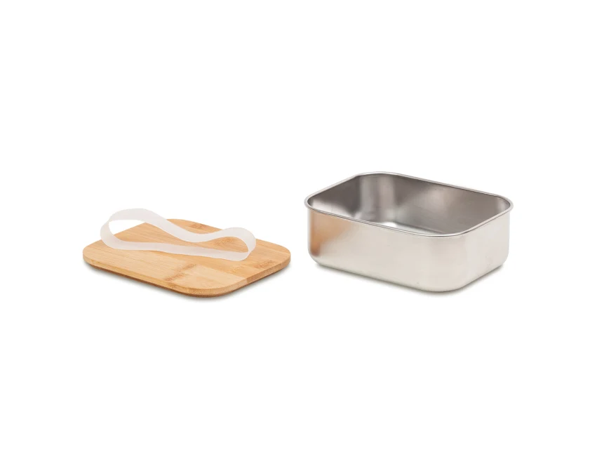 Lunchbox z logo 800 ml, srebrny, stal i bambus