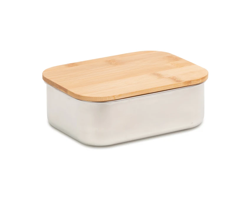 Lunchbox z logo 800 ml, srebrny, stal i bambus