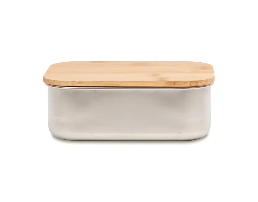 Lunchbox z logo 800 ml, srebrny, stal i bambus