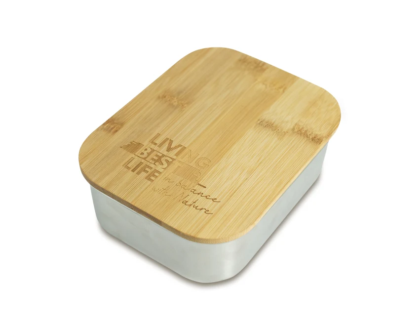 Lunchbox z logo 800 ml, srebrny, stal i bambus