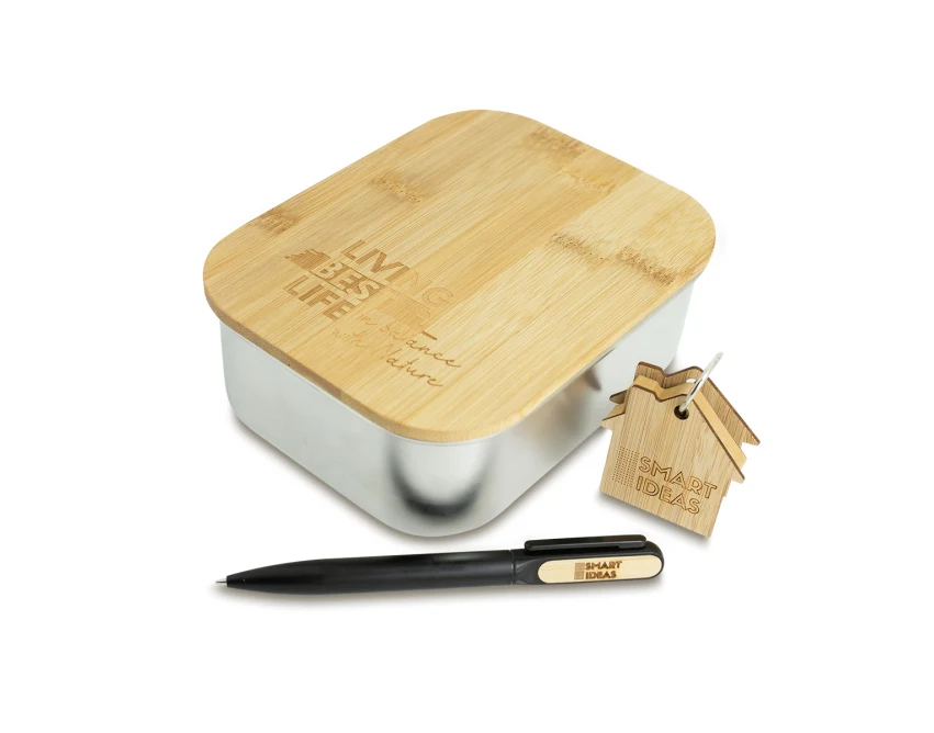 Lunchbox z logo 800 ml, srebrny, stal i bambus