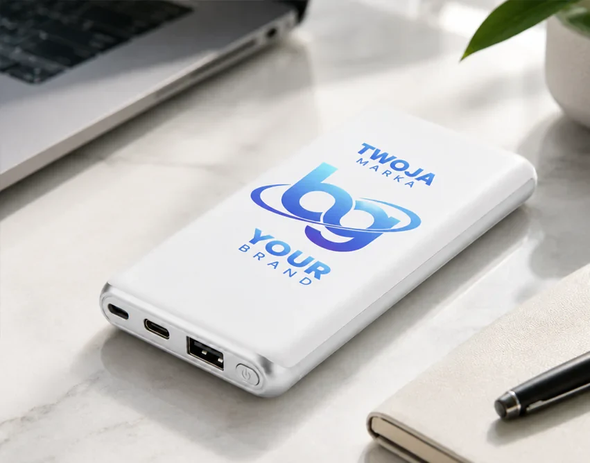 Biały powerbank 10000 mAh PD 18W z logo – ABS, nadruk