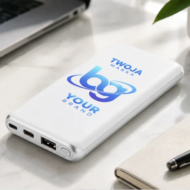 Biały powerbank 10000 mAh PD 18W z logo – ABS, nadruk