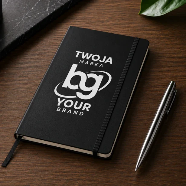 Czarny notes książkowy 13x21 z logo – 80 kartek kratka