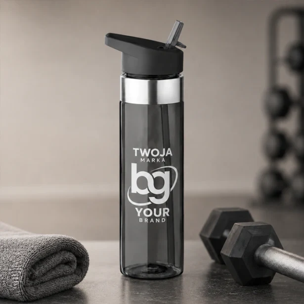Szara butelka Tritan 650 ml z ustnikiem i logo firmy