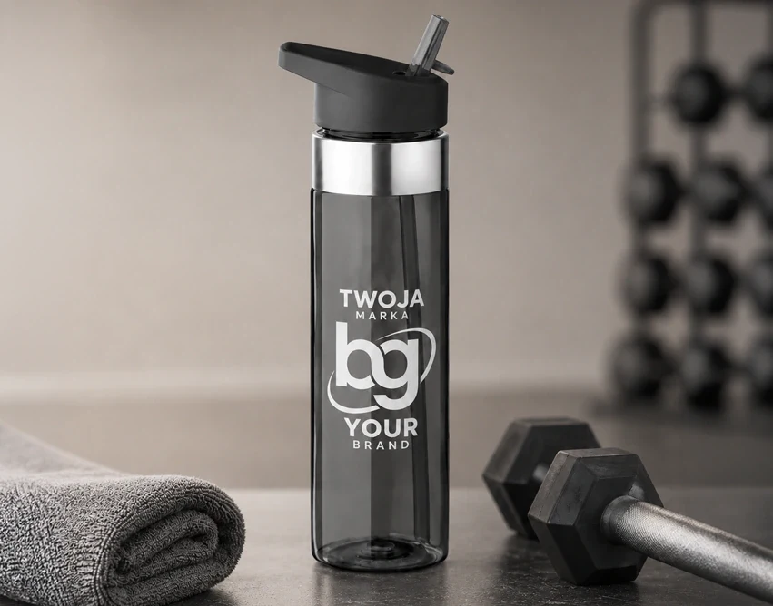Szara butelka Tritan 650 ml z ustnikiem i logo firmy