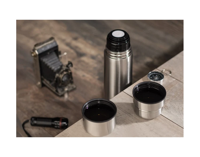 PAVO termos 750 ml z logo firmy, srebrny, 2 kubki