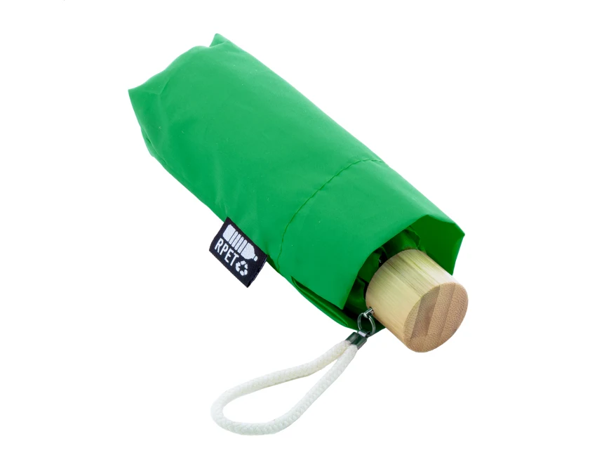 Mini parasol reklamowy RPET zielony z bambusową rączką