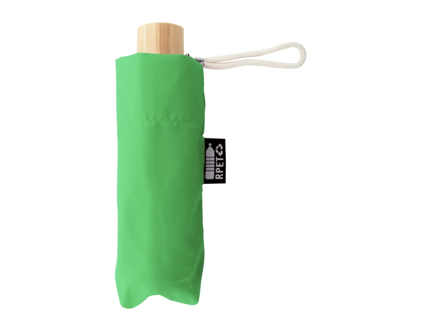 Mini parasol reklamowy RPET zielony z bambusową rączką
