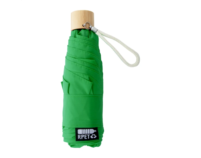 Mini parasol reklamowy RPET zielony z bambusową rączką