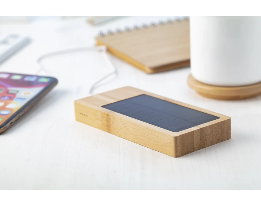 Bambusowy power bank solarny 8000 mAh, USB-C