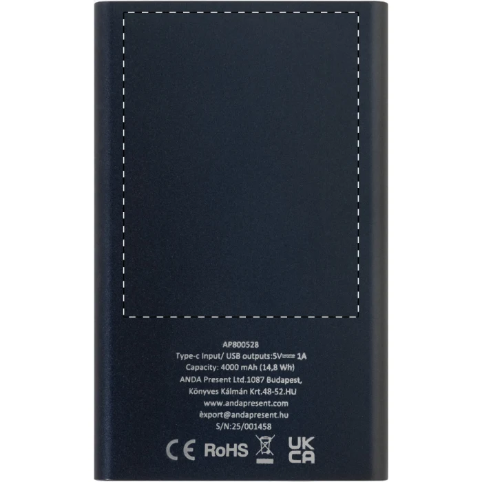 Schemat znakowania dla Nadruk UV (personalizacja) - NUVD na gadżecie: Power bank z grawerem 4000 mAh aluminiowy USB-C