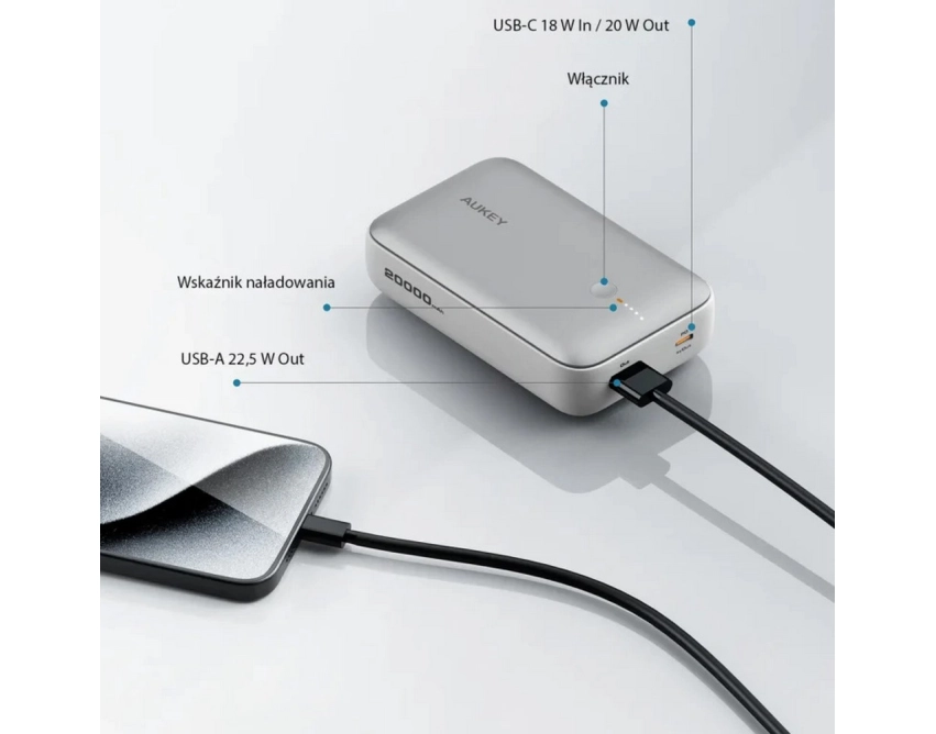 Aukey power bank 20000 mAh srebrny USB-C 22,5 W