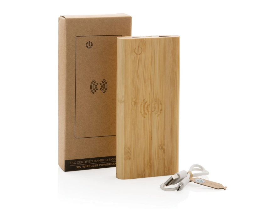 Eko powerbank 8000 mAh z bambusa, ładowanie Qi 5 W
