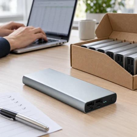 Dłonie przy laptopie obok kartonu z aluminiowymi powerbankami do rozdania