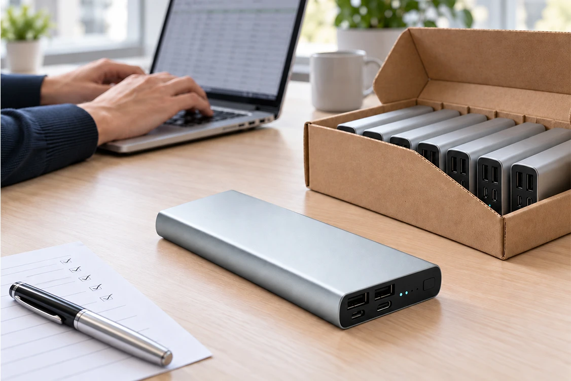 Dłonie przy laptopie obok kartonu z aluminiowymi powerbankami do rozdania