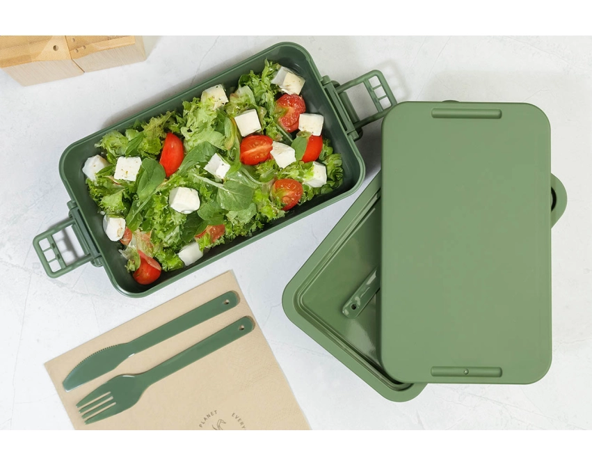 Zielony lunchbox z nadrukiem z PP ze sztućcami