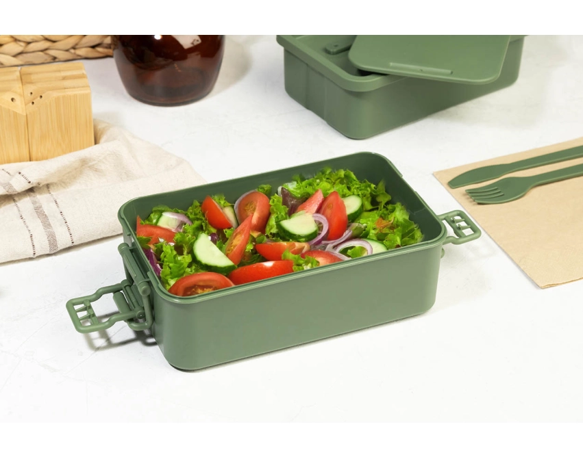 Zielony lunchbox z nadrukiem z PP ze sztućcami