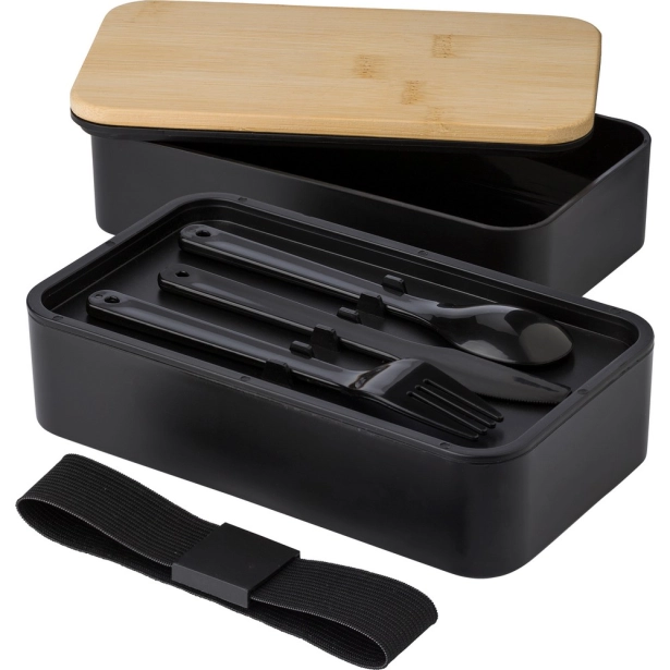 Czarny lunchbox z nadrukiem 2 × 400 ml ze sztućcami
