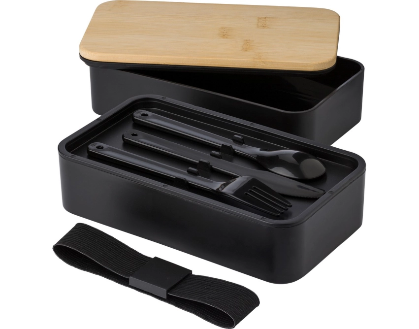 Czarny lunchbox z nadrukiem 2 × 400 ml ze sztućcami