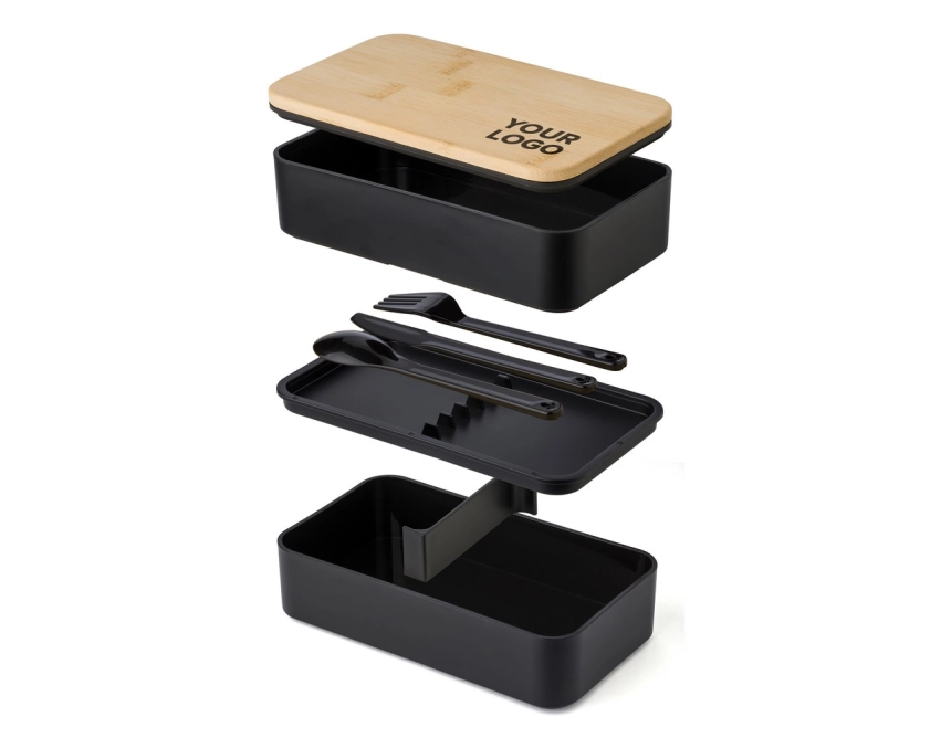 Czarny lunchbox z nadrukiem 2 × 400 ml ze sztućcami