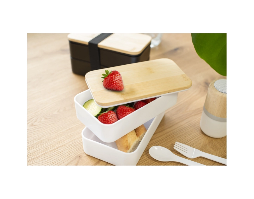 Czarny lunchbox z nadrukiem 2 × 400 ml ze sztućcami