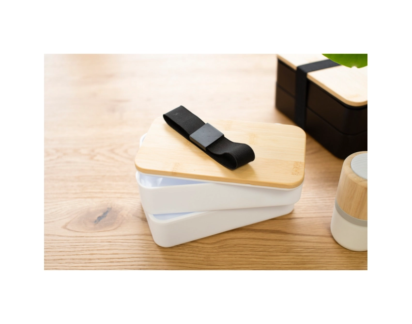 Biały lunchbox z nadrukiem 2 × 400 ml z bambusem