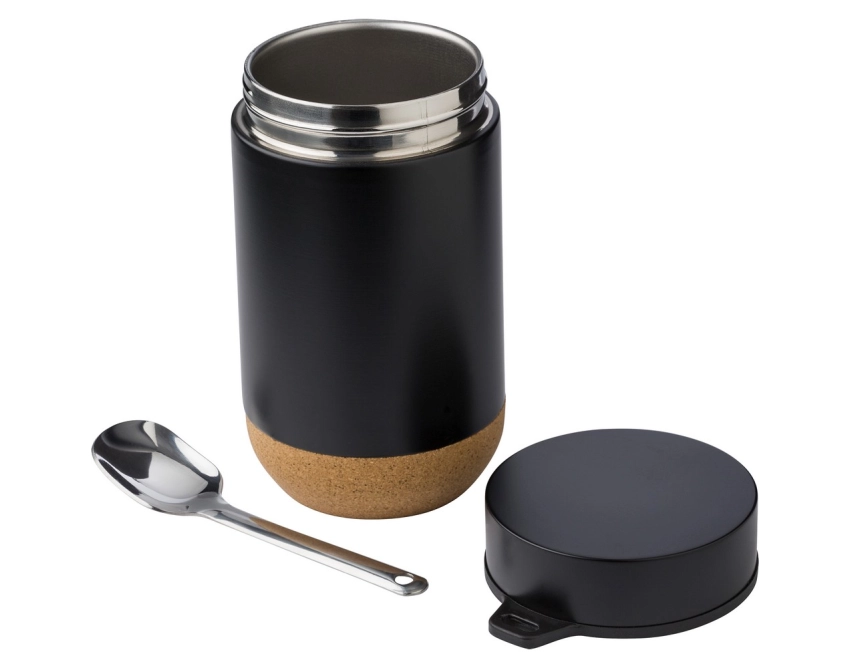 Czarny lunchbox z logo 400 ml, termiczny z łyżką