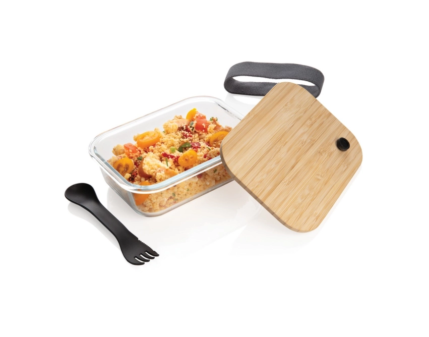Szklany lunchbox z logo i bambusowym wieczkiem